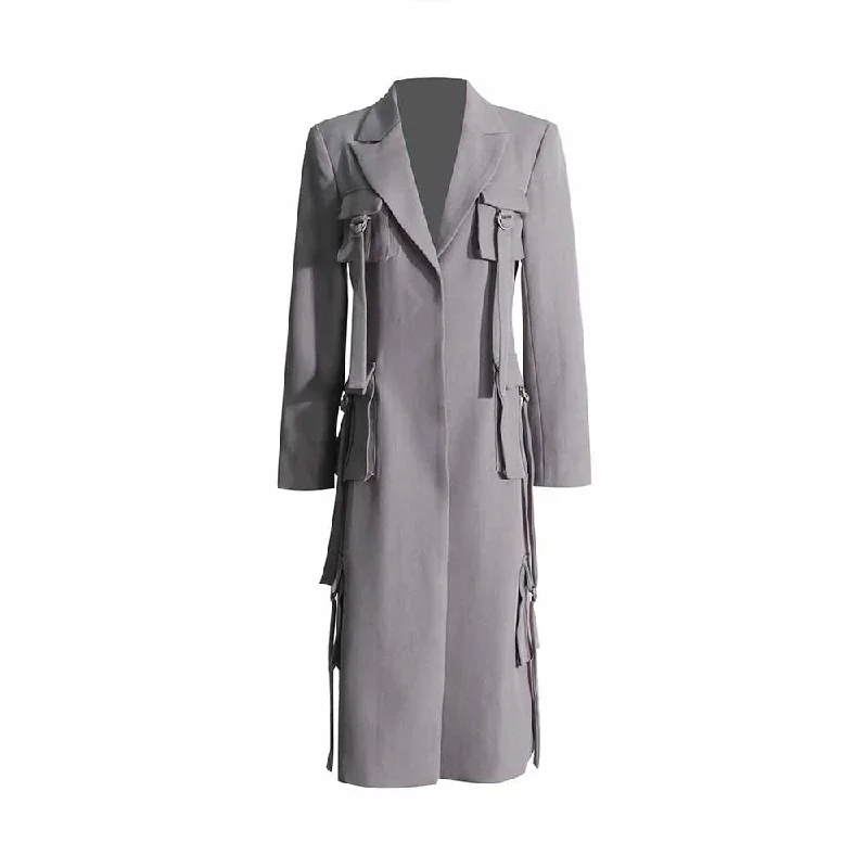 oversized women's coat -Pockets Grey Long Sleeves Embellished Coat Long Outwear Jacket