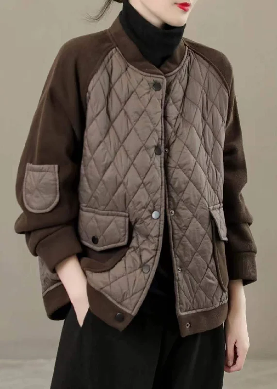 casual coats for women -Classy Coffee Stand Collar Pockets Patchwork Fine Cotton Filled Jackets Winter