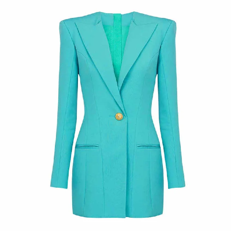 sophisticated evening coat for women -Light Blue Tailored Blazer Dress With Padded Shoulders Woman One Button Blazer Dress