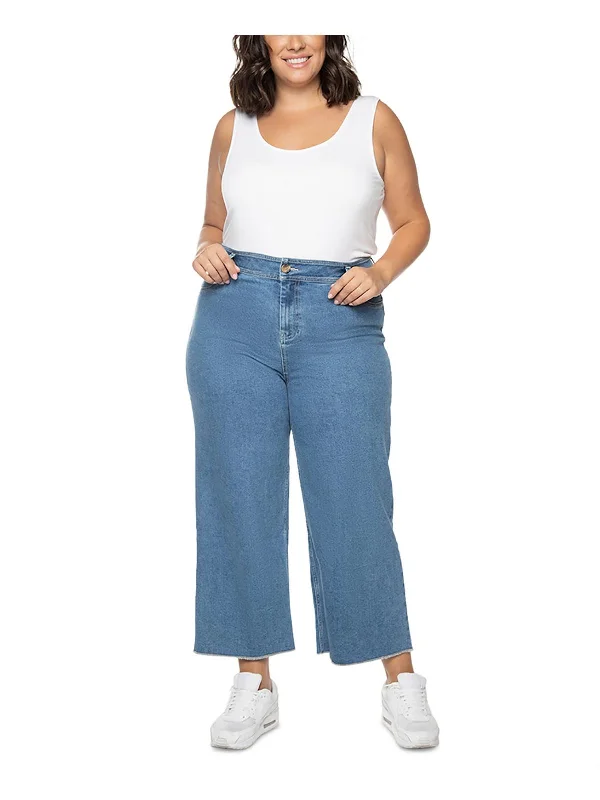 ladies' cropped denim pants -Womens Frayed Hem Denim Wide Leg Jeans