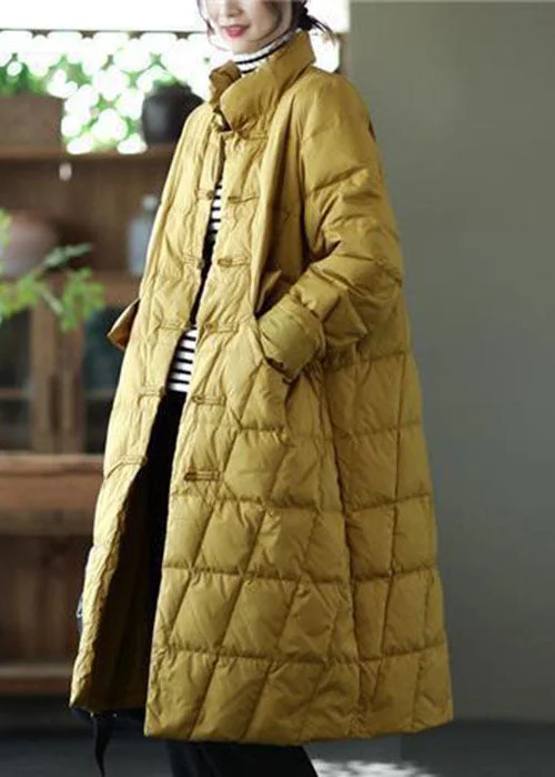 ladies' cashmere overcoat -Beautiful Yellow Stand Collar Oriental Button Solid Duck Down Puffer Coat Winter