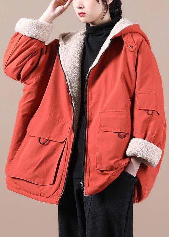 women's varsity bomber jacket -Fashion Orange hooded zippered Pockets Loose Winter parkas Coat