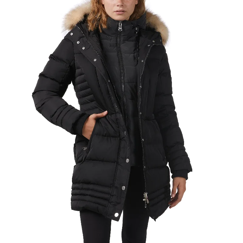 fashionable belted wool coat for women -Pajar Women’s Discovery Mix Quilted Puffer with Hooded Detachable Bib