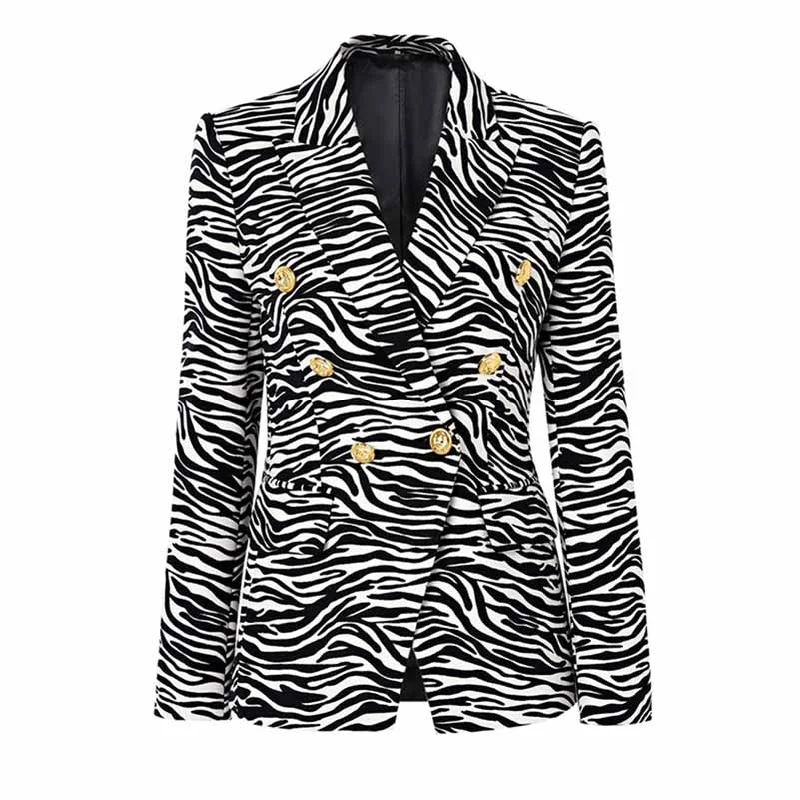 luxury faux fur coat for women -Women's Fitted Golden Buttons Coat Zebra Pattern Blazer