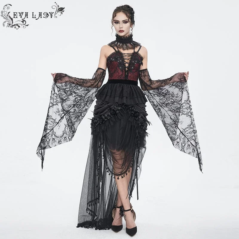 ladies' short sleeve wrap blouse -Women's Gothic Plunging Layered Lace Shirt with Oversleeves