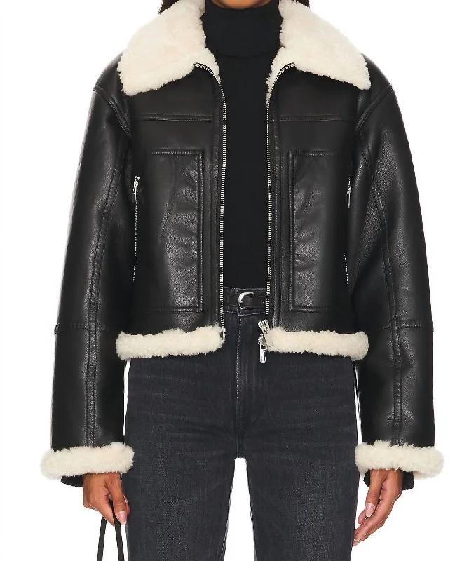 women's elegant cape coat -Avery Faux Fur Shearling Jacket In Black & Champagne