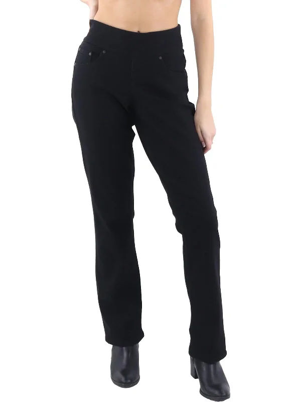 loose cargo-style jeans for ladies -Petites Womens Mid-Rise Stretch Straight Leg Jeans