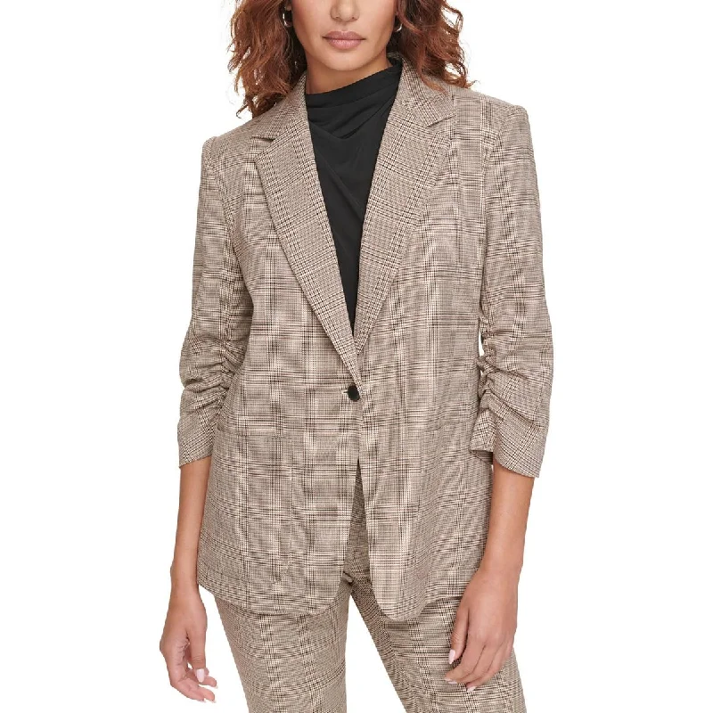 ladies' puffer jacket -Calvin Klein Womens Petites Houndstooth Ruched One-Button Blazer