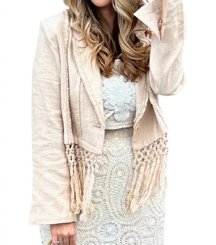 waterproof hiking jacket for women -Sweet Fringe Linen Jacket In Beige