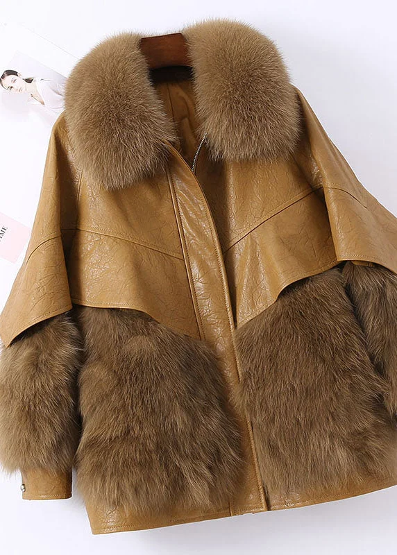 ladies' lightweight anorak coat -Fitted Khaki Zip Up Fox fur Patchwork Leather Puffer Jacket Winter