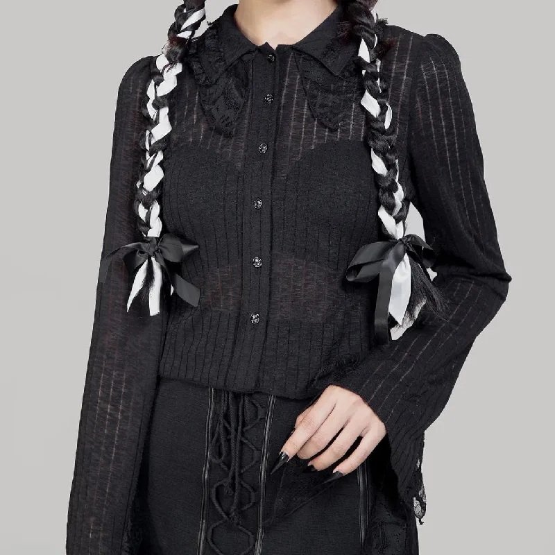 trendy square-neck blouse for ladies -Women's Gothic Turn-down Collar Lace Splice Shirt