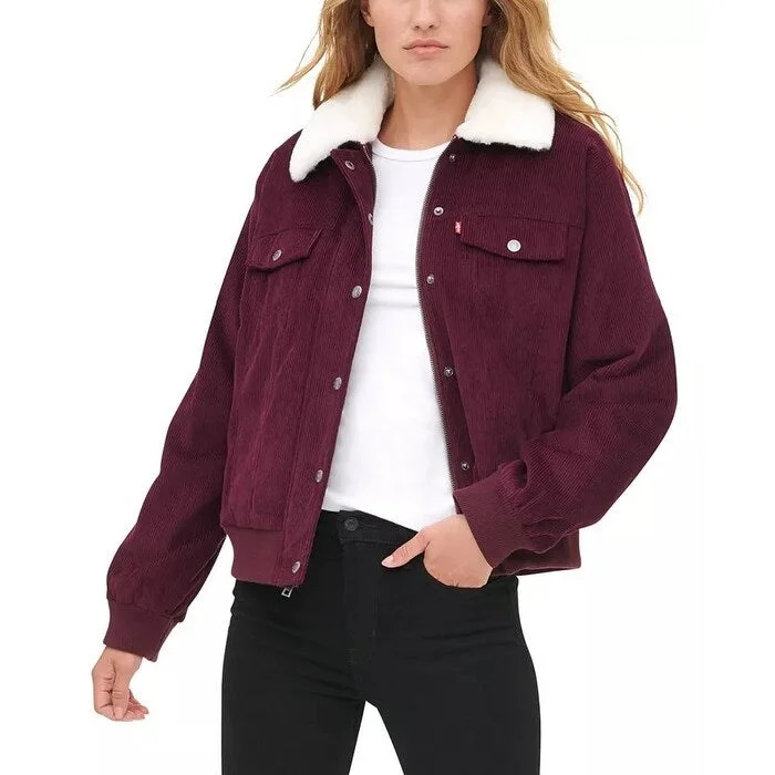 ladies' fur-lined jacket -Levi's Women's Faux Fur Collar Corduroy Bomber Jacket Burgundy Red Size Medium