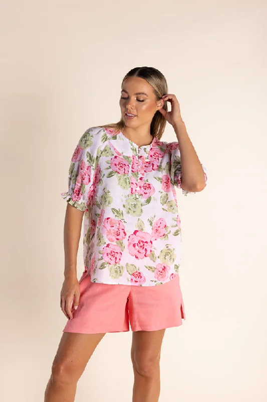 casual relaxed-fit blouse for women -Linen Rose Print Top