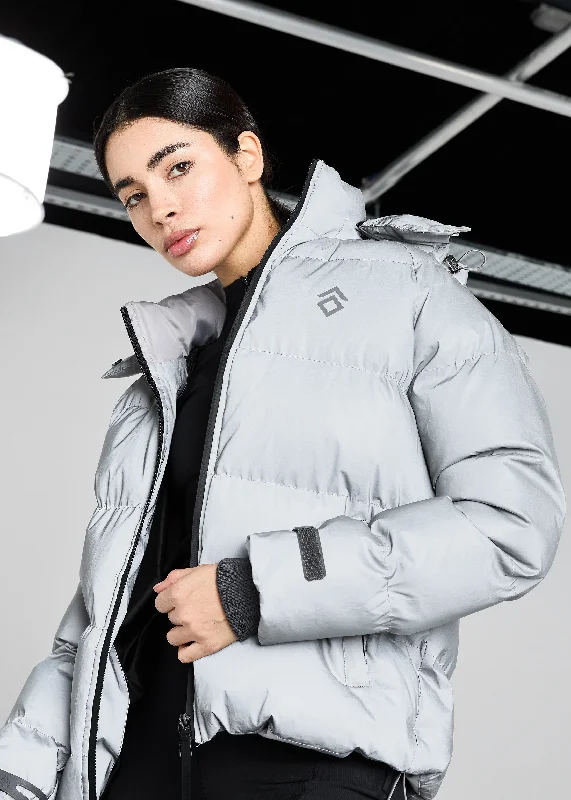 breathable softshell jacket for women -Silver Reflective Puffer Coat