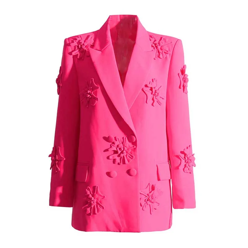 women's asymmetrical zip jacket -Women's Double Breated Peak Lapel Blazer with Flowers