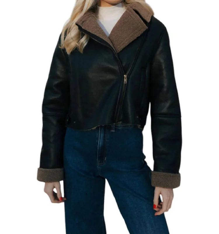 women's cropped bomber jacket -Sherpa Faux Leather Jacket In Black