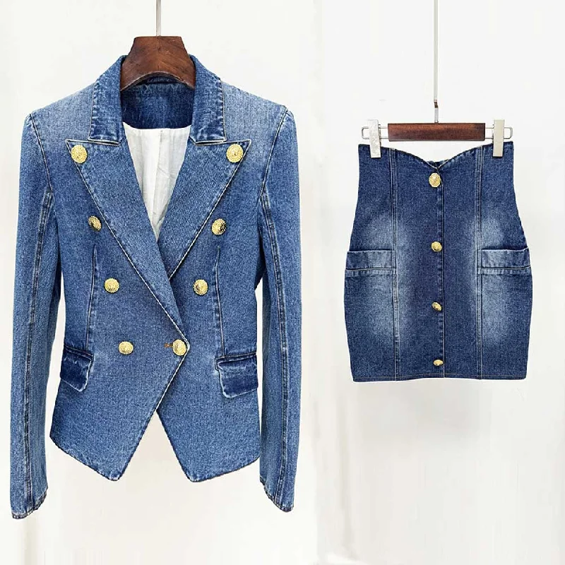 women's winter coat -Womens Denim Jacket and Skirt Two Piece Mini Skirt Suit