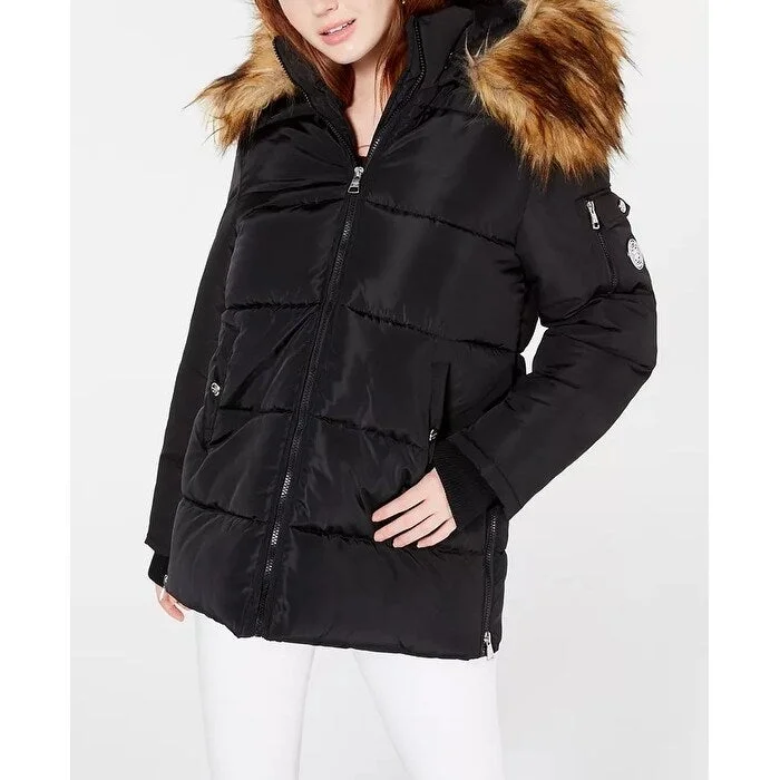 ladies' wool overcoat -Madden Girl Juniors' Hooded Faux-Fur-Trim Puffer Coat Black Size XX-Large - XXL