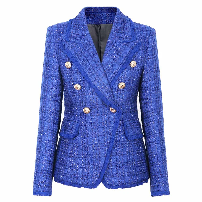 women's belted trench coat -Women Tassel Fringe Trim Metal Lion Buttons Golden Checked Tweed Blazer Jacket Royal Blue