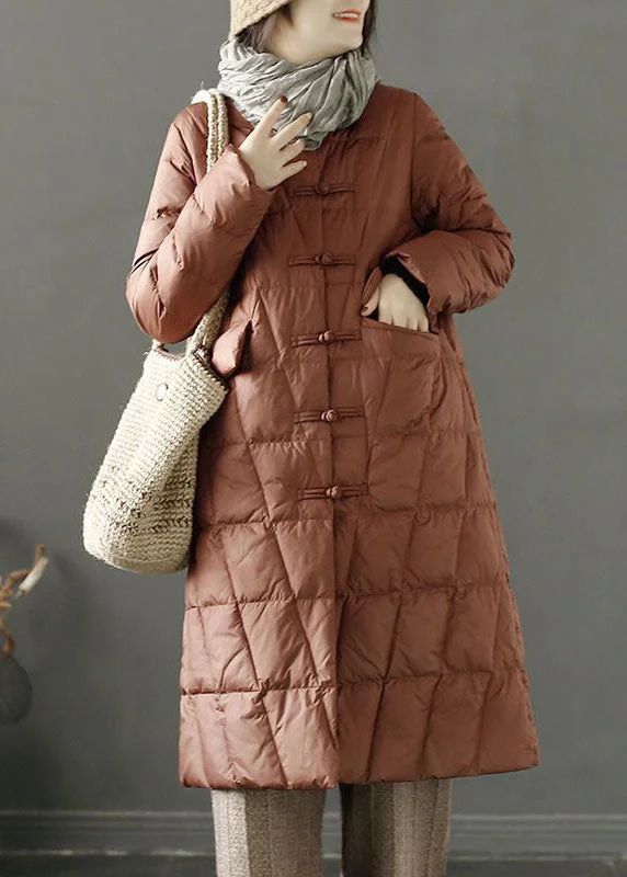 casual oversized shacket for women -Fine Brown Stand Collar Pockets Duck Down Down Coat Winter