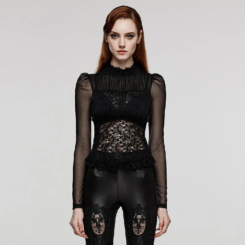 trendy velvet crop top for ladies -Women's Gothic Puff Sleeved Sheer Lace Shirt