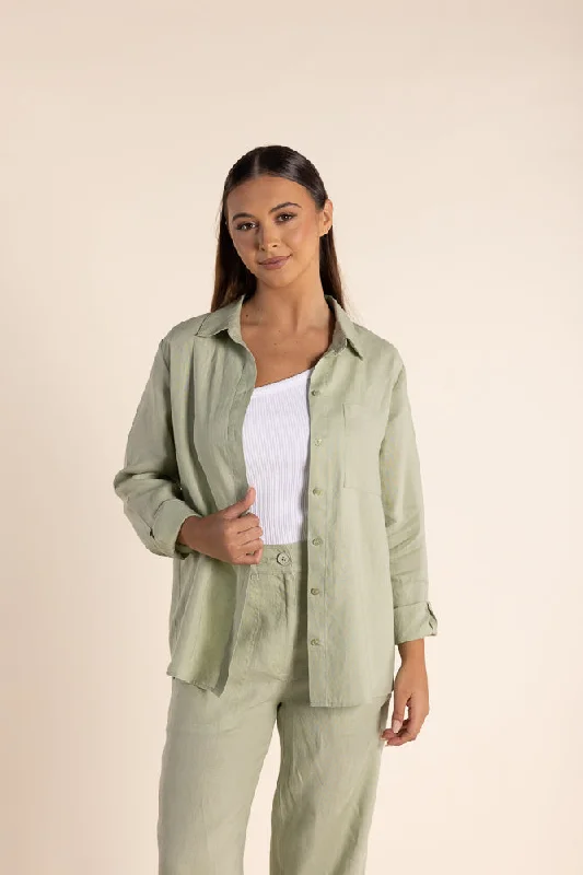 stylish smocked top for ladies -Linen Shirt - Avocado