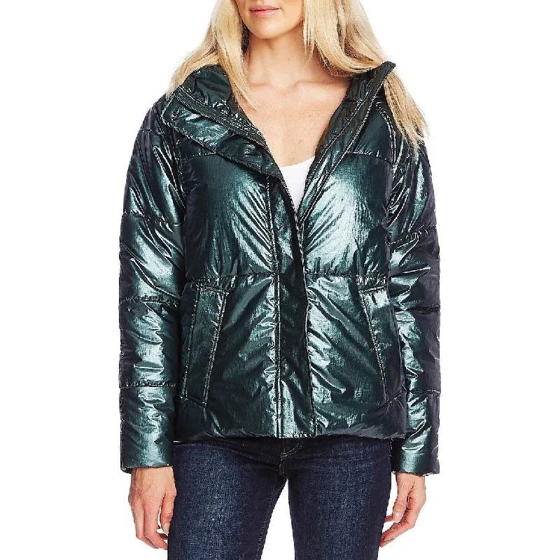 waterproof hiking jacket for women -Vince Camuto Women's Metallic Hooded Puffer Jacket Green Beige Size XL - X-Large