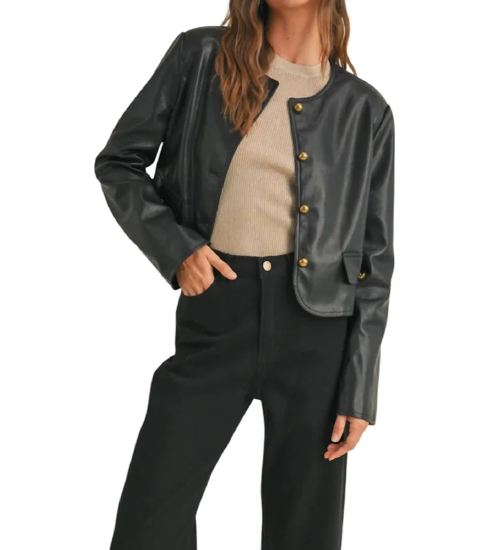 ladies' sporty windbreaker -Faux Leather Jacket In Black