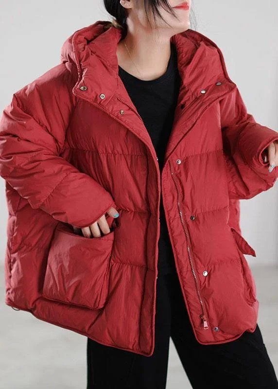 women's mid-length wool coat -Classy Red Hooded Duck Down Puffer Coat Winter