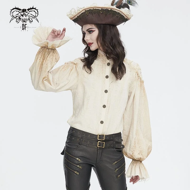 chic pleated detail top for ladies -Women's Steampunk Stand Collar Puff Sleeved Beige Shirt