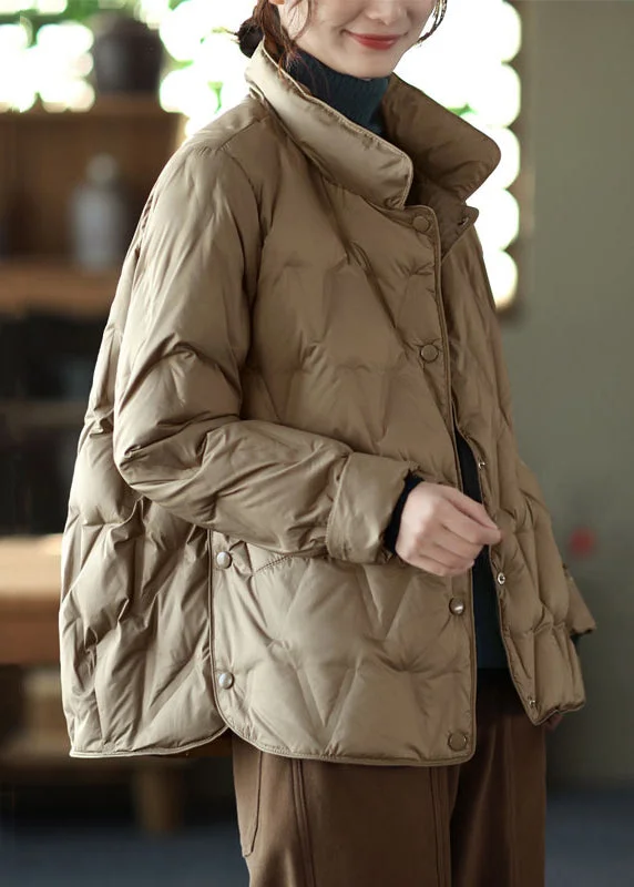 double-layered long coat for women -New Khaki Stand Collar Button Pockets Duck Down Coat Long Sleeve