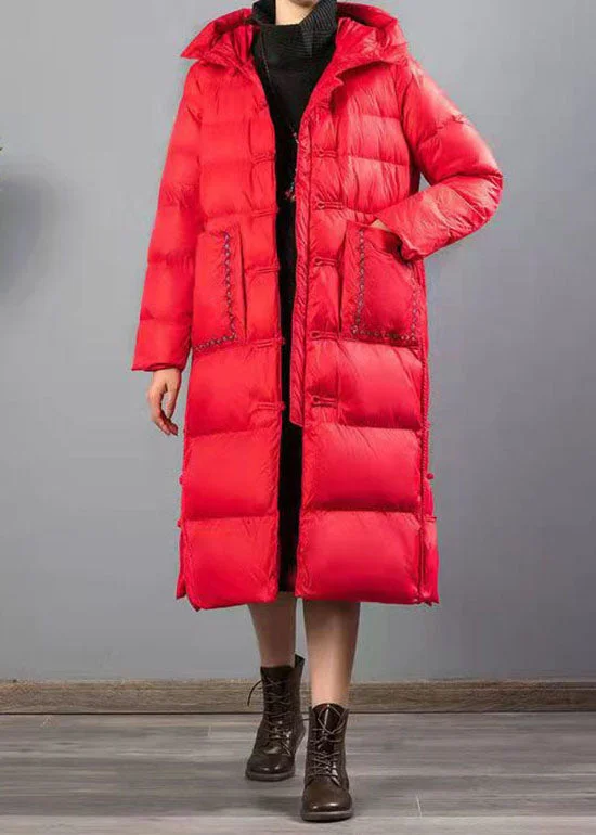 fashionable belted wool coat for women -Handmade Red Embroideried Button Duck Down Down Coat Winter