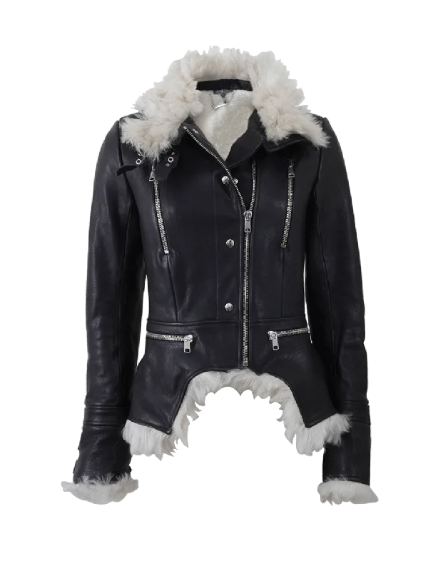 women's biker-style leather jacket -High Neck Leather Jacket With Shearling