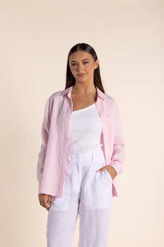 fashionable asymmetrical hem top for ladies -Linen Shirt - Pink Rose