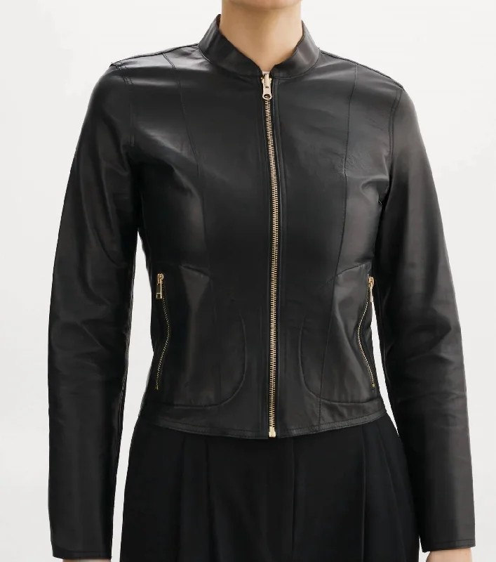 ladies' sporty windbreaker -Chapin Reversible Leather Bomber Jacket In Black/gold