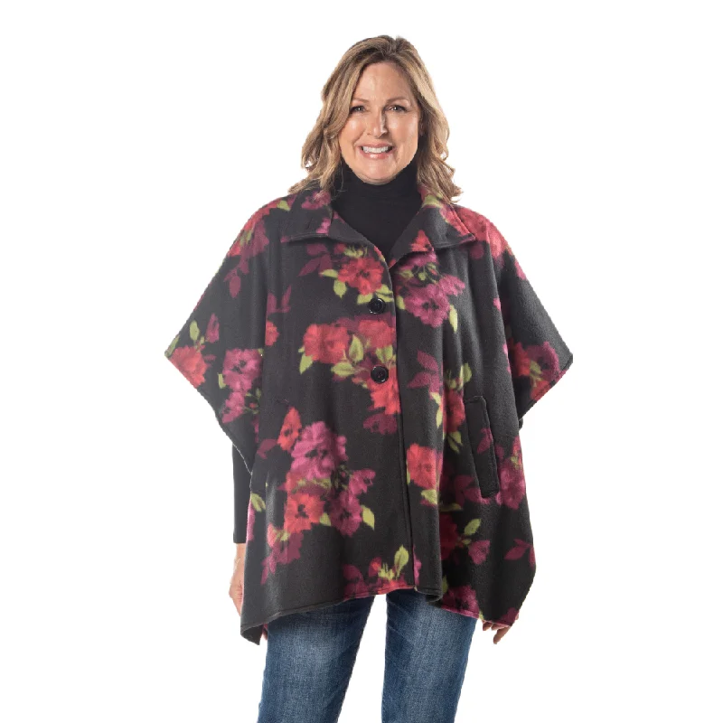 women's elegant cape coat -Bridget High Neck 4 Button Floral Fleece Cozy Coat Cape