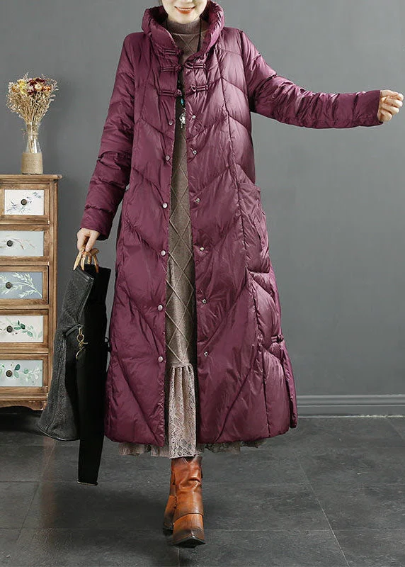 women's faux fur coat -Style Purple Stand Collar Solid Lengthen Duck Down Puffer Jacket Winter