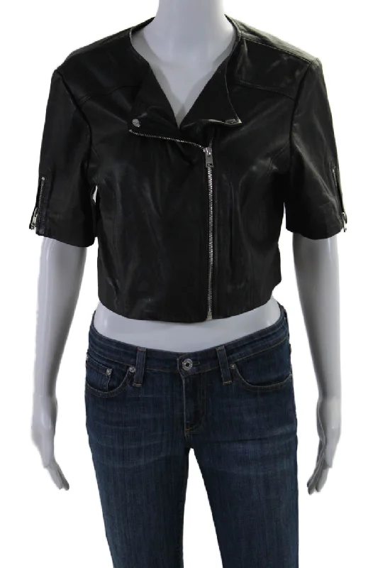 women's teddy bear coat -LaMarque Womens Black Leather Zip Up Short Sleeve Motorcycle Jacket