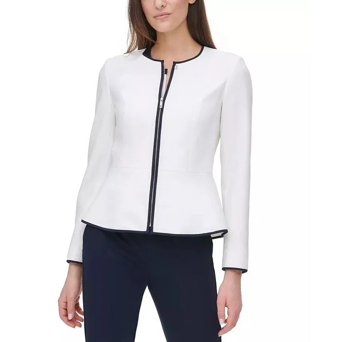 women's double-breasted coat -Tommy Hilfiger Women's Contrast-Trim Zip-Front Jacket White Size 16