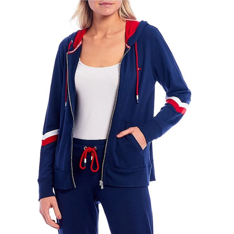 winter-ready faux shearling jacket for women -Tommy Hilfiger Women's Sport Colorblocked Zip Hoodie Blue Size Extra Small