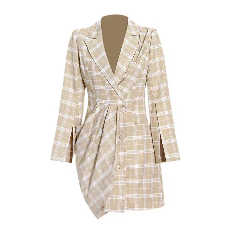 double-layered long coat for women -Plaid Irregular Dress Long Sleeve High Waist Ruched Colorblock Mini Dresses