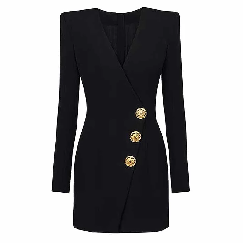 women's hooded winter jacket -Women's Button-embellished Black Mini Blazer Dress