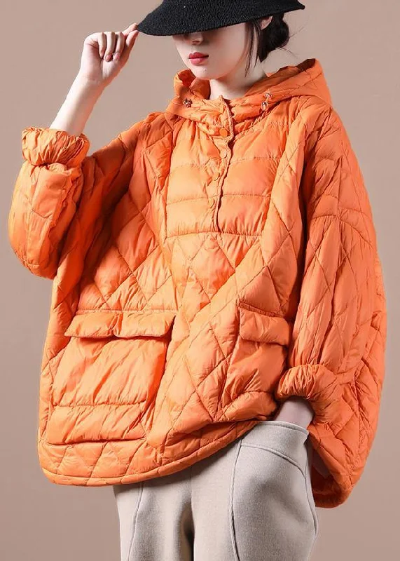 ladies' puffer jacket -Plus Size Winter Puffer Jacket Hooded Orange Down Coat