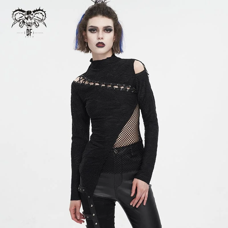 trendy tie-front crop top for ladies -Women's Gothic Strappy Cutout Mesh Splice Shirt