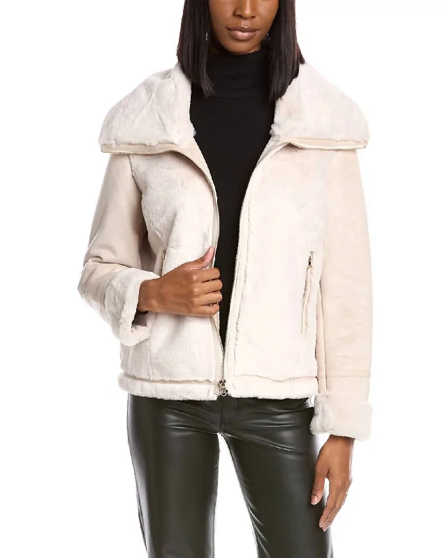 double-layered long coat for women -Eliza Faux Suede/fur Zippered Jacket In Cream