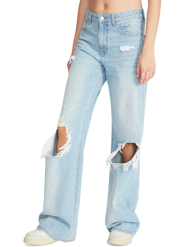 trendy two-tone jeans for ladies -Womens High Rise Distressed Straight Leg Jeans