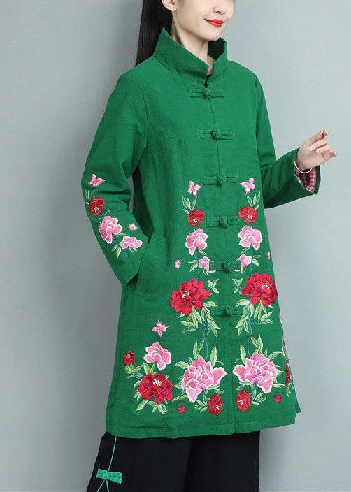 casual coats for women -Bohemian Green Stand Collar Embroideried Cotton Coats Fall