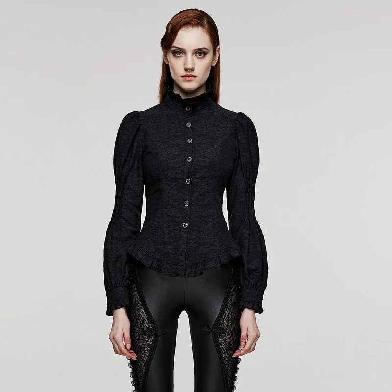 classic collared shirt for ladies -Women's Gothic Stand Collar Puff Sleeved Ruffled Shirt