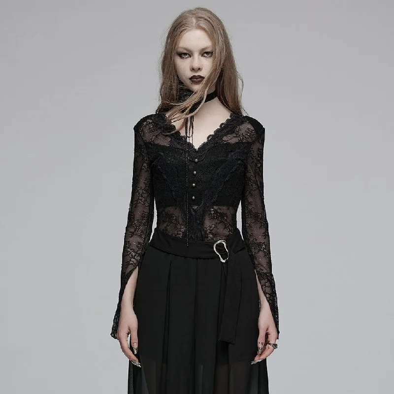 stylish surplice wrap top for women -Women's Gothic Plunging Lace Shirt