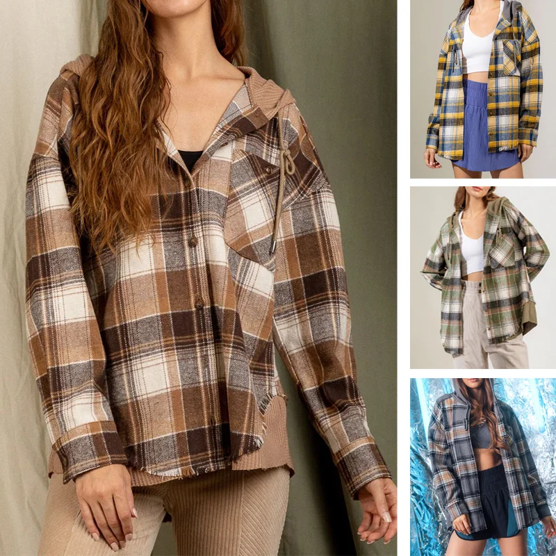 classic collared shirt for ladies -Women's Hooded Spliced Plaid Blouse Woolen Shirt